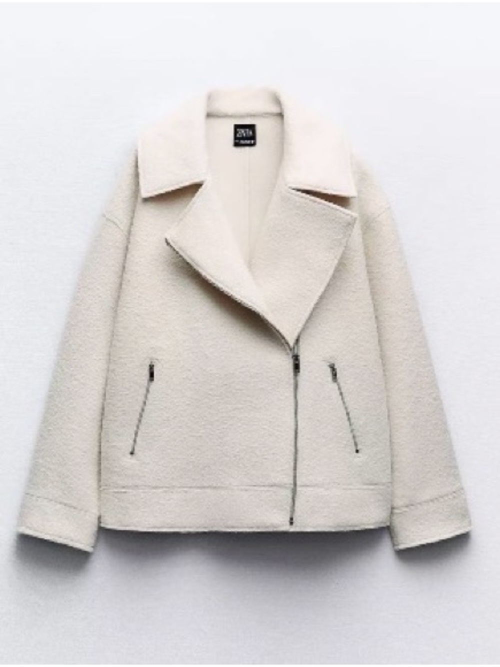 Zara Cream Teddy Bouclé Asymmetrical Zip Jacket
